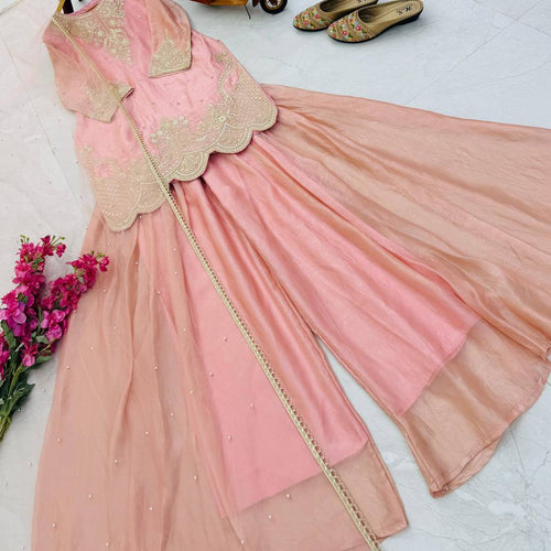 Peach Color Embroidery Sequence Work Designer Palazzo Suit