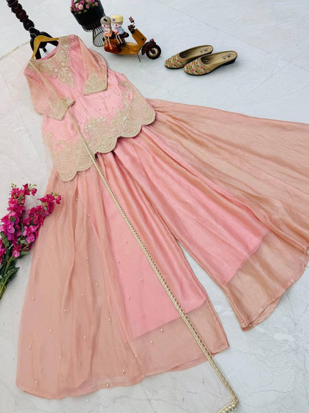 Peach Color Embroidery Sequence Work Designer Palazzo Suit