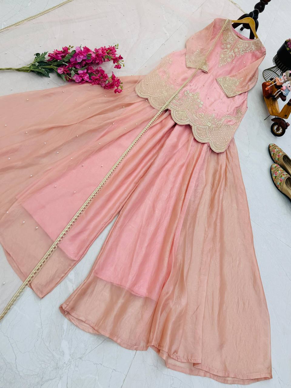 Peach Color Embroidery Sequence Work Designer Palazzo Suit