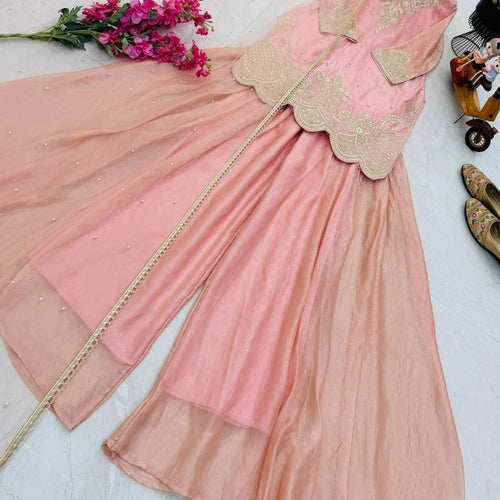 Peach Color Embroidery Sequence Work Designer Palazzo Suit