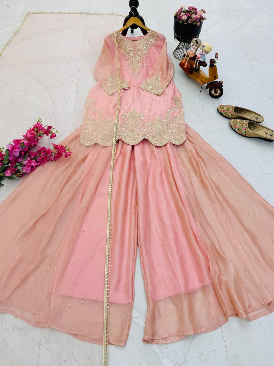 Peach Color Embroidery Sequence Work Designer Palazzo Suit