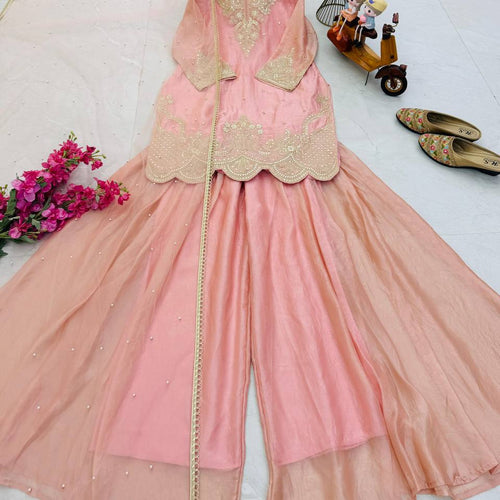 Peach Color Embroidery Sequence Work Designer Palazzo Suit