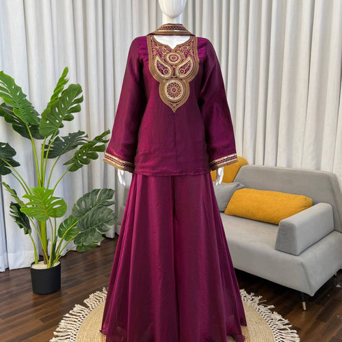 Dark Pink Color Party Wear Thread Sequence Work Sharara Suit