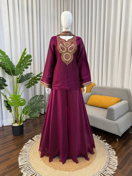 Dark Pink Color Party Wear Thread Sequence Work Sharara Suit