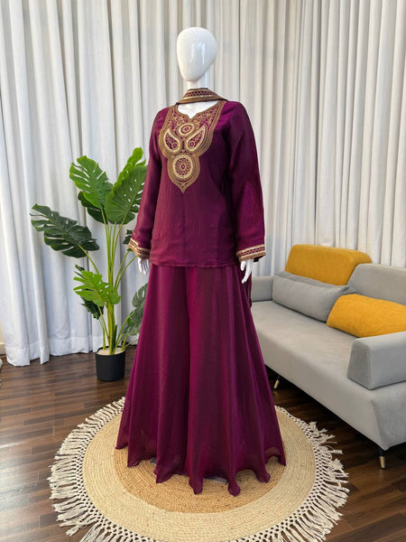 Dark Pink Color Party Wear Thread Sequence Work Sharara Suit