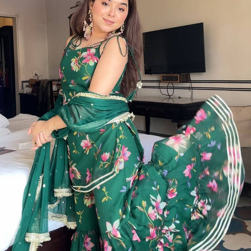 Green Color Floral Print Designer Georgette Sharara Suit