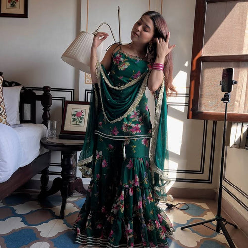 Green Color Floral Print Designer Georgette Sharara Suit