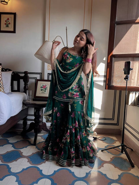 Green Color Floral Print Designer Georgette Sharara Suit