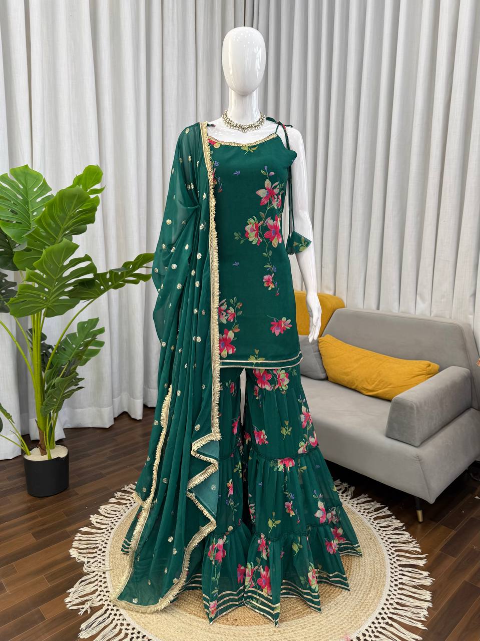 Green Color Floral Print Designer Georgette Sharara Suit