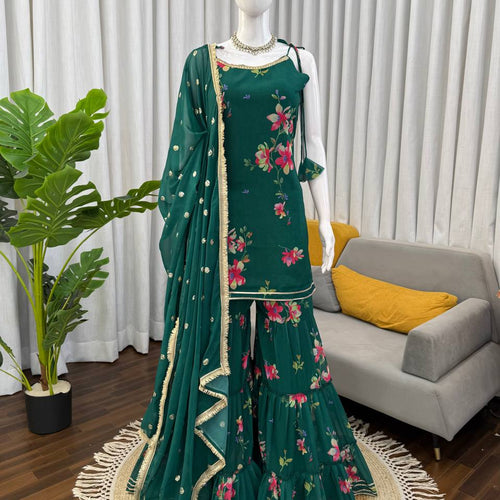 Green Color Floral Print Designer Georgette Sharara Suit