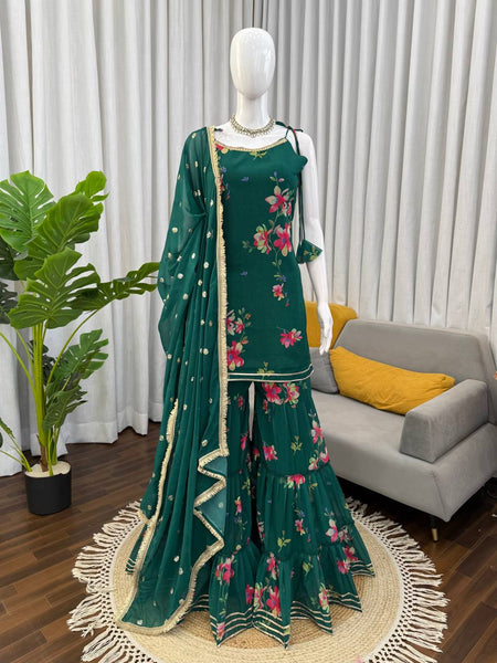 Green Color Floral Print Designer Georgette Sharara Suit