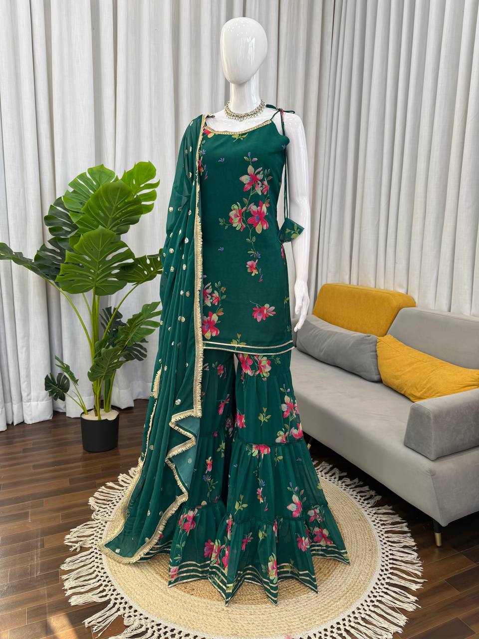 Green Color Floral Print Designer Georgette Sharara Suit