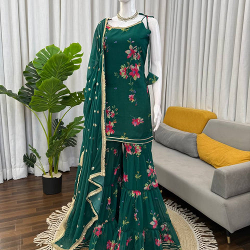 Green Color Floral Print Designer Georgette Sharara Suit