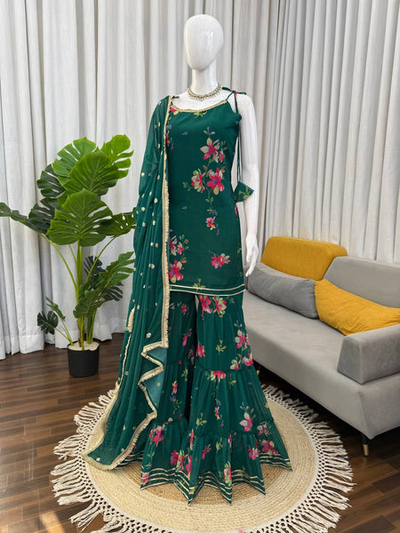 Green Color Floral Print Designer Georgette Sharara Suit