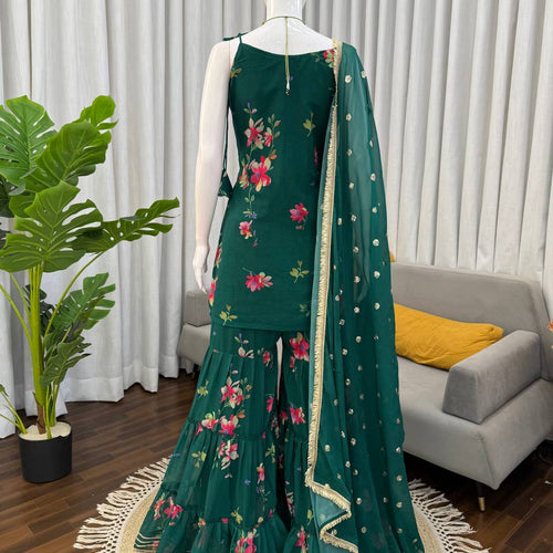 Green Color Floral Print Designer Georgette Sharara Suit