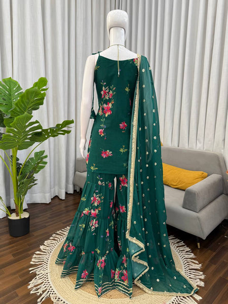 Green Color Floral Print Designer Georgette Sharara Suit