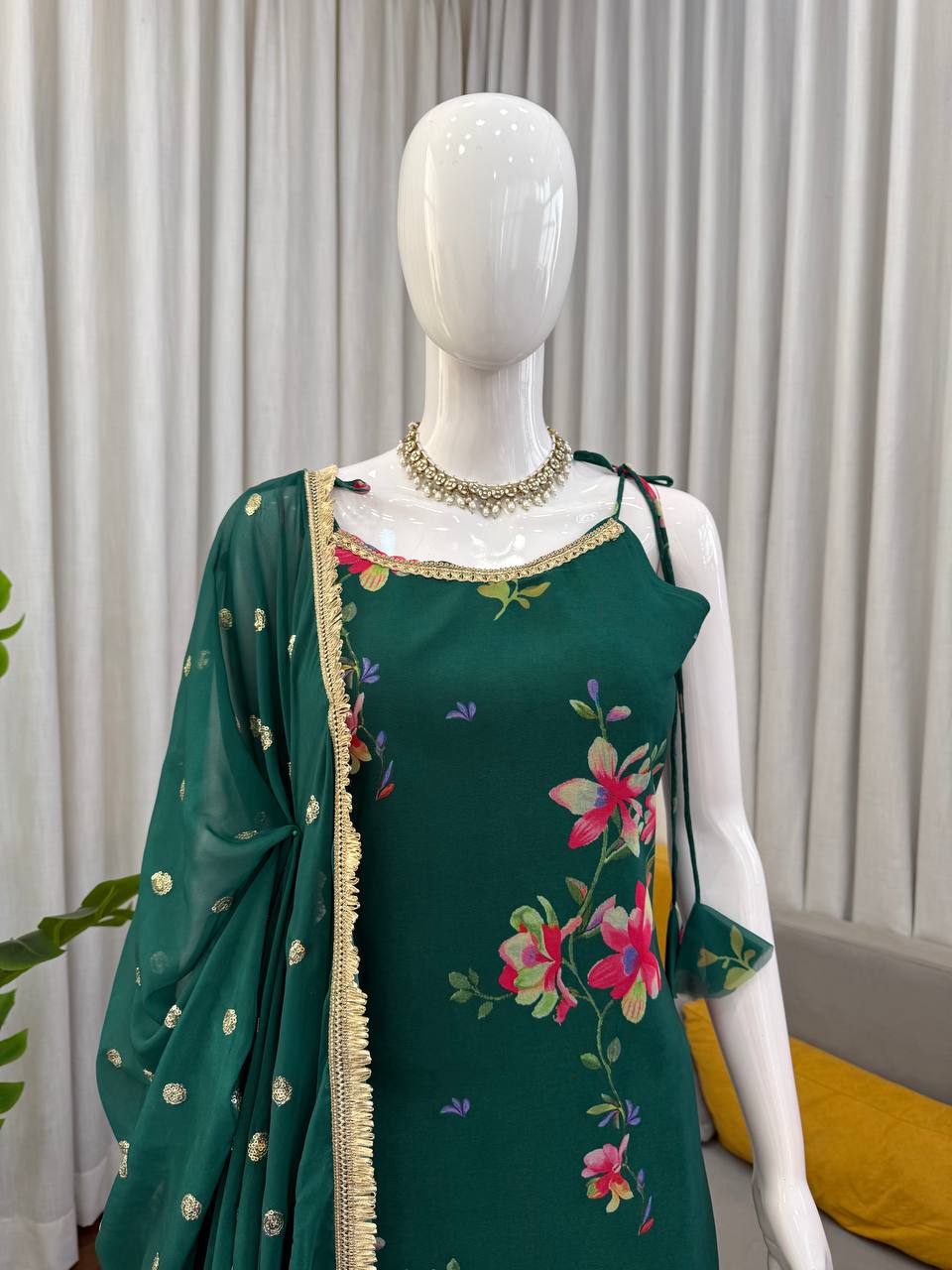 Green Color Floral Print Designer Georgette Sharara Suit