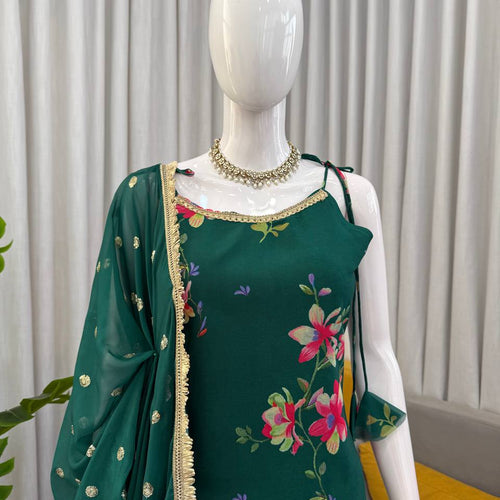 Green Color Floral Print Designer Georgette Sharara Suit