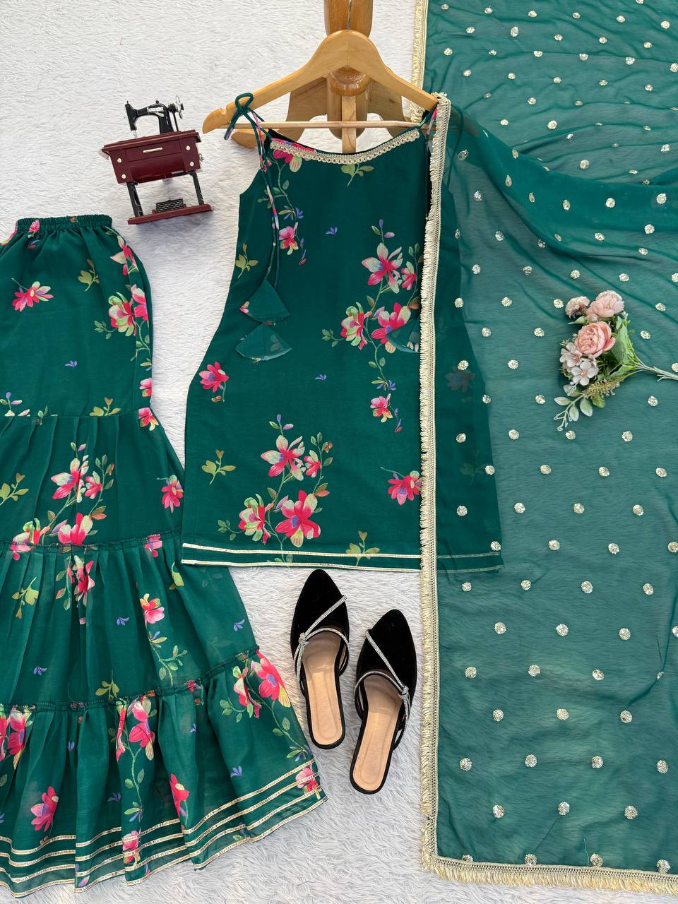 Green Color Floral Print Designer Georgette Sharara Suit