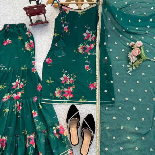 Green Color Floral Print Designer Georgette Sharara Suit