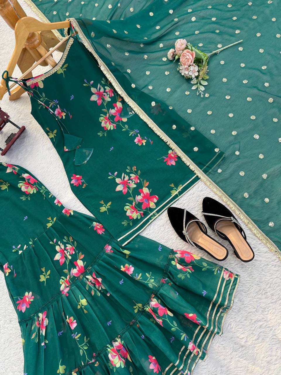 Green Color Floral Print Designer Georgette Sharara Suit
