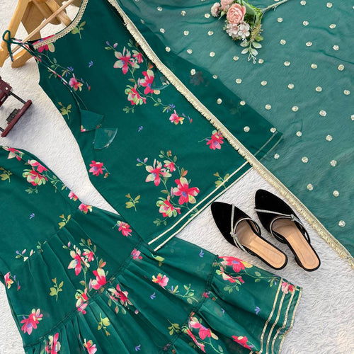 Green Color Floral Print Designer Georgette Sharara Suit