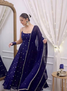 Navy Blue Party Wear Designer Anarkali Thread Work Gown