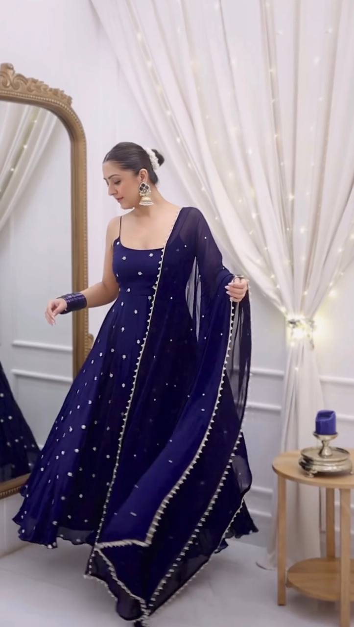 Navy Blue Party Wear Designer Anarkali Thread Work Gown