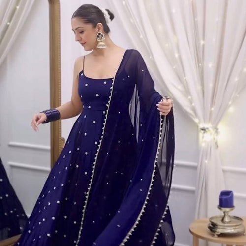 Navy Blue Party Wear Designer Anarkali Thread Work Gown