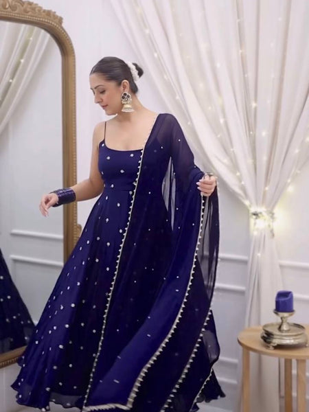 Navy Blue Party Wear Designer Anarkali Thread Work Gown