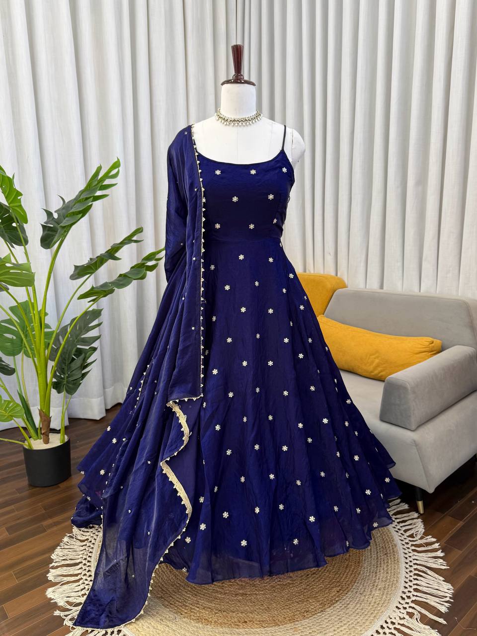 Navy Blue Party Wear Designer Anarkali Thread Work Gown