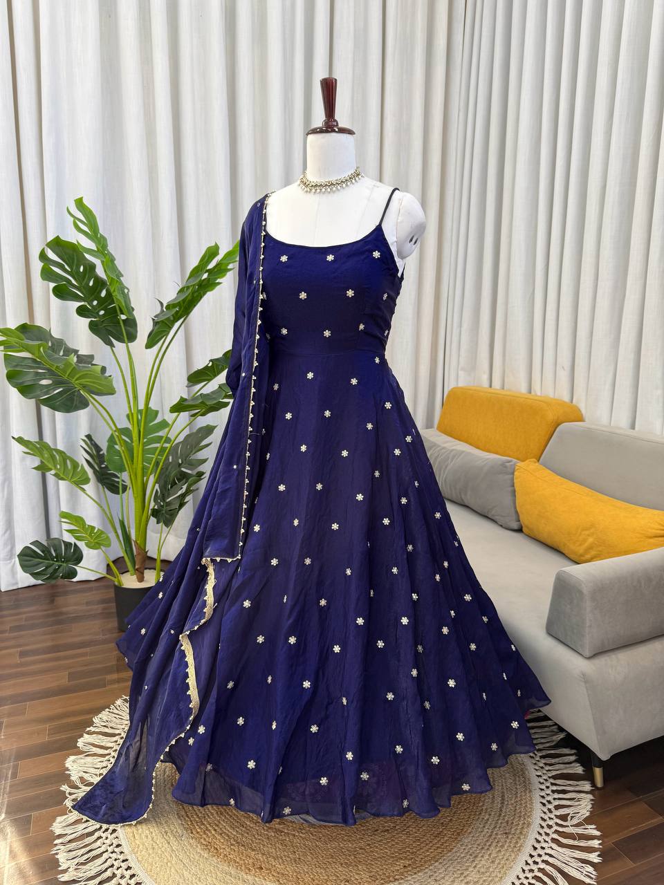 Navy Blue Party Wear Designer Anarkali Thread Work Gown
