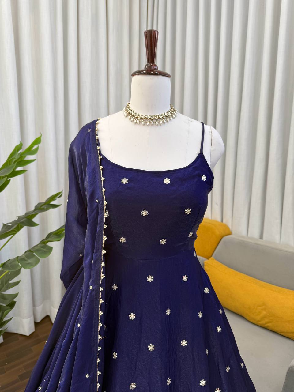 Navy Blue Party Wear Designer Anarkali Thread Work Gown