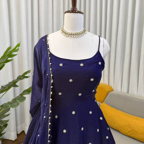 Navy Blue Party Wear Designer Anarkali Thread Work Gown