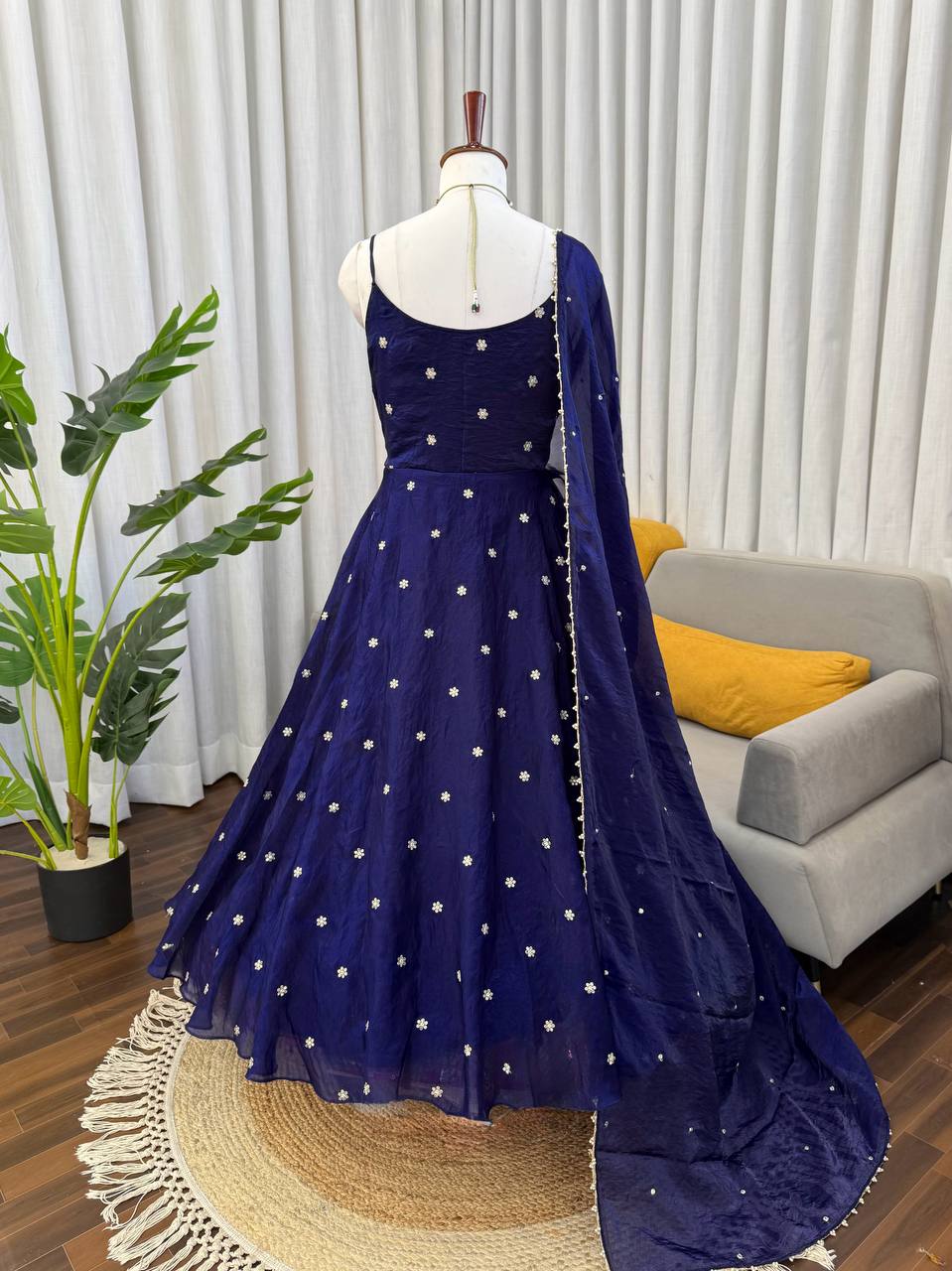 Navy Blue Party Wear Designer Anarkali Thread Work Gown