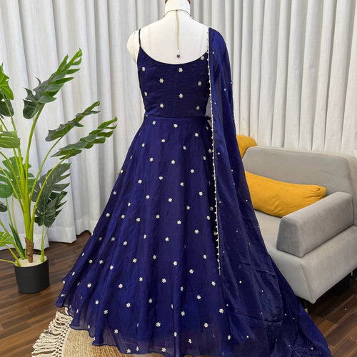 Navy Blue Party Wear Designer Anarkali Thread Work Gown