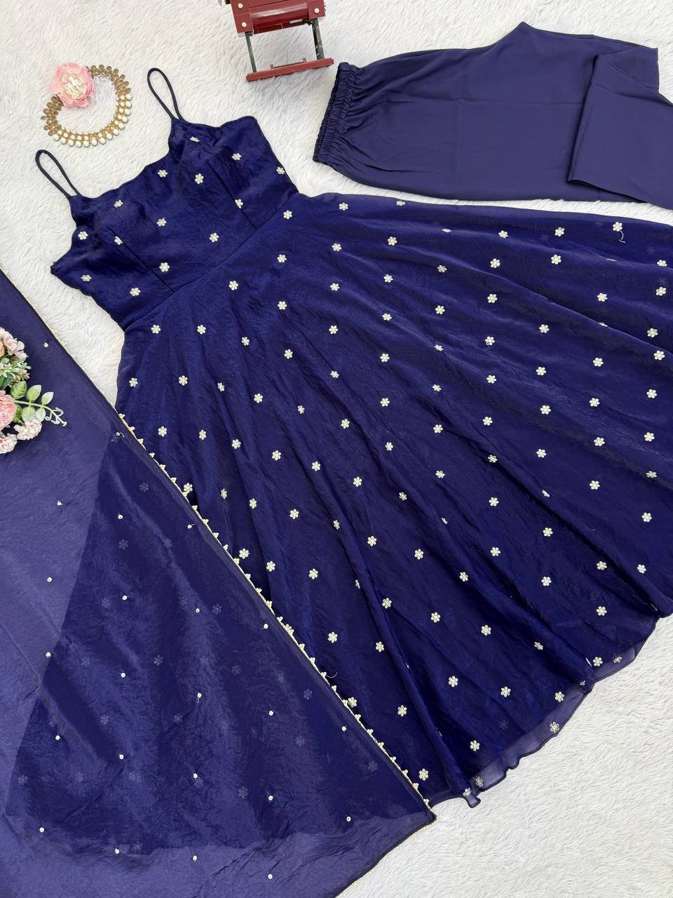 Navy Blue Party Wear Designer Anarkali Thread Work Gown