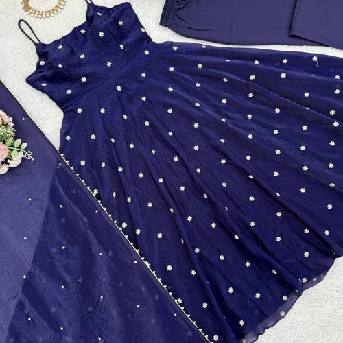 Navy Blue Party Wear Designer Anarkali Thread Work Gown