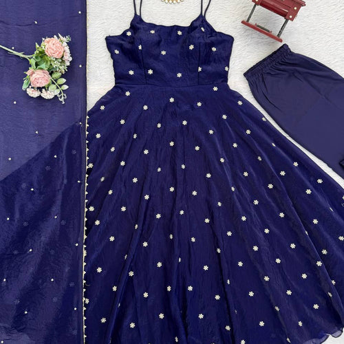 Navy Blue Party Wear Designer Anarkali Thread Work Gown