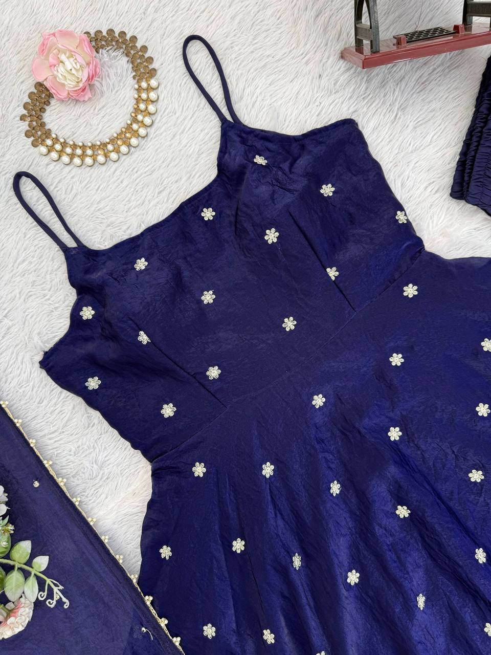 Navy Blue Party Wear Designer Anarkali Thread Work Gown