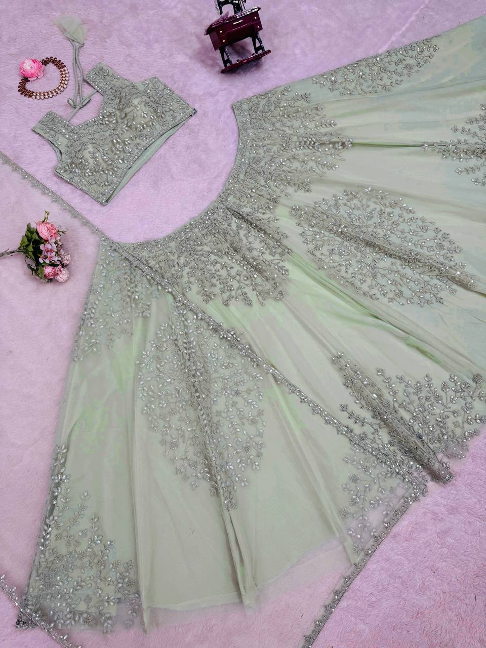 Pista Green Wedding & Party Designer Net Sequence Work Lehenga Choli
