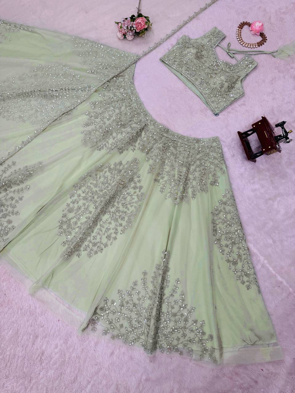 Pista Green Wedding & Party Designer Net Sequence Work Lehenga Choli