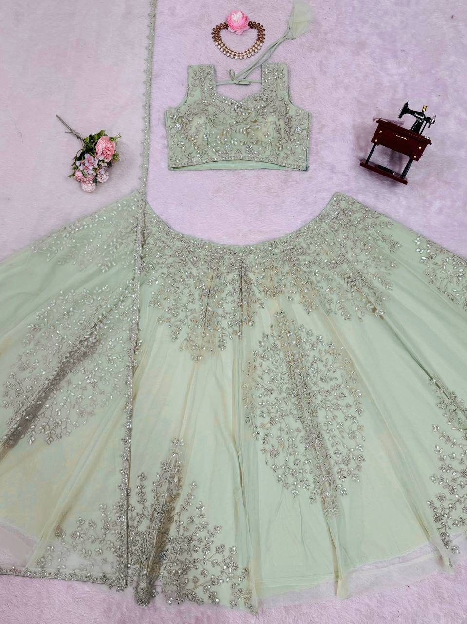 Pista Green Wedding & Party Designer Net Sequence Work Lehenga Choli