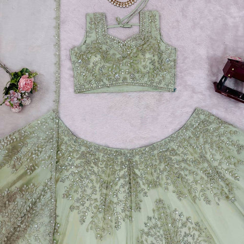 Pista Green Color Designer Net Wedding Wear Lehenga Choli
