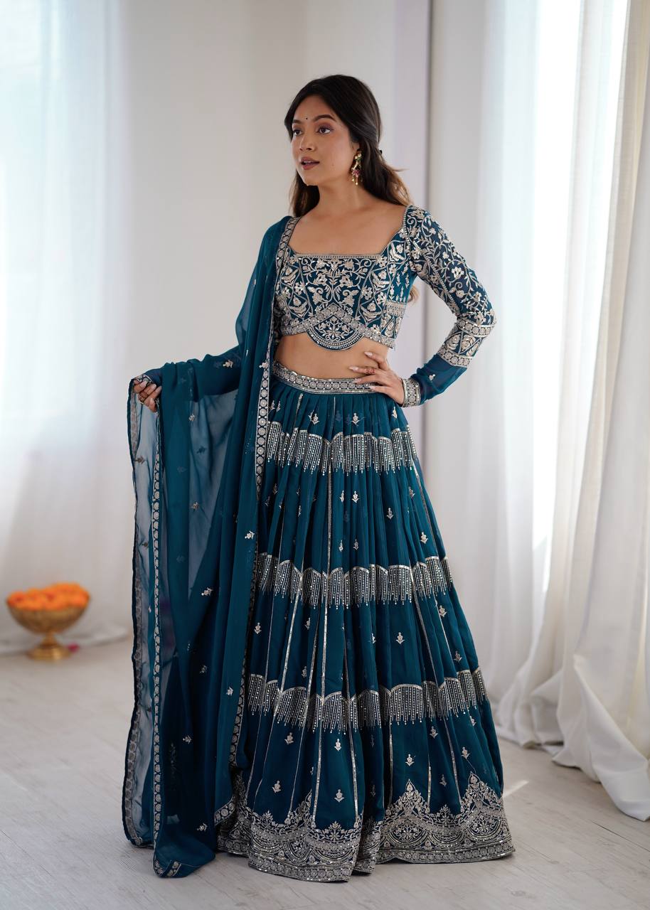 Designer Blue Georgette Wedding & Party Wear Lehenga Choli with Sequence Embroidery