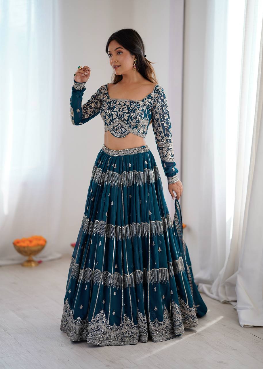 Blue Color Sequence Work Wedding Wear Georgette Lehenga Choli