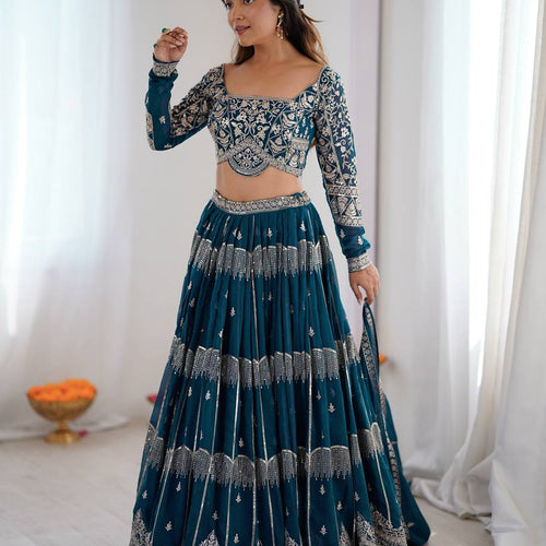 Blue Color Sequence Work Wedding Wear Georgette Lehenga Choli