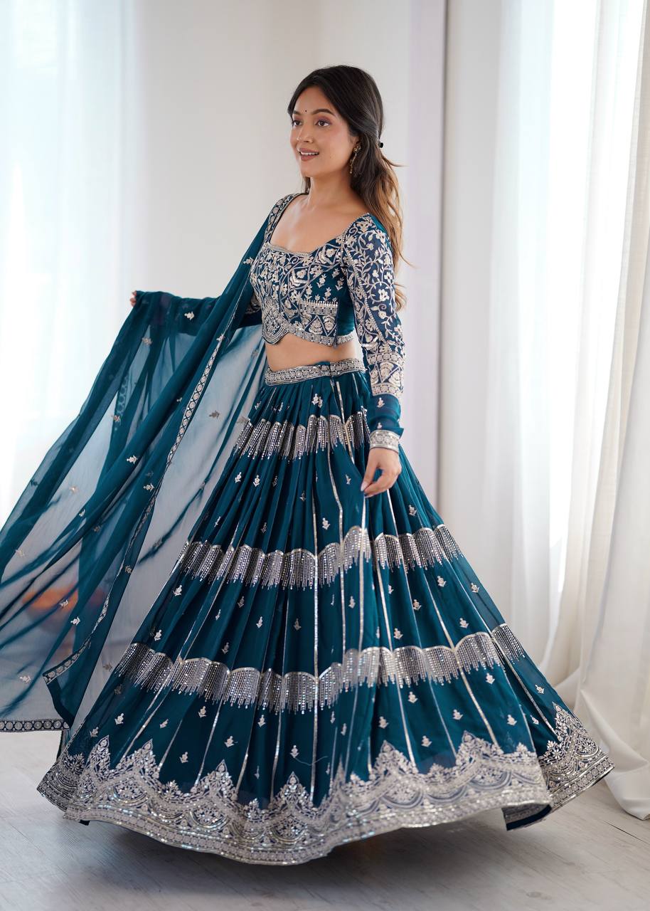 Blue Color Sequence Work Wedding Wear Georgette Lehenga Choli