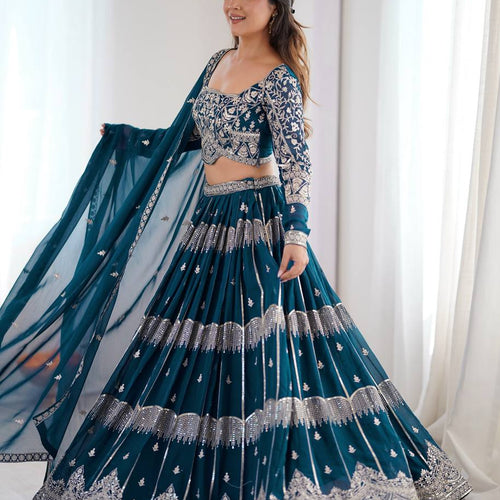 Blue Color Sequence Work Wedding Wear Georgette Lehenga Choli