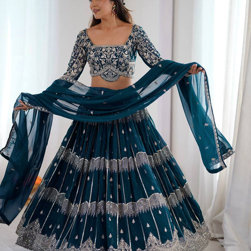 Blue Color Sequence Work Wedding Wear Georgette Lehenga Choli